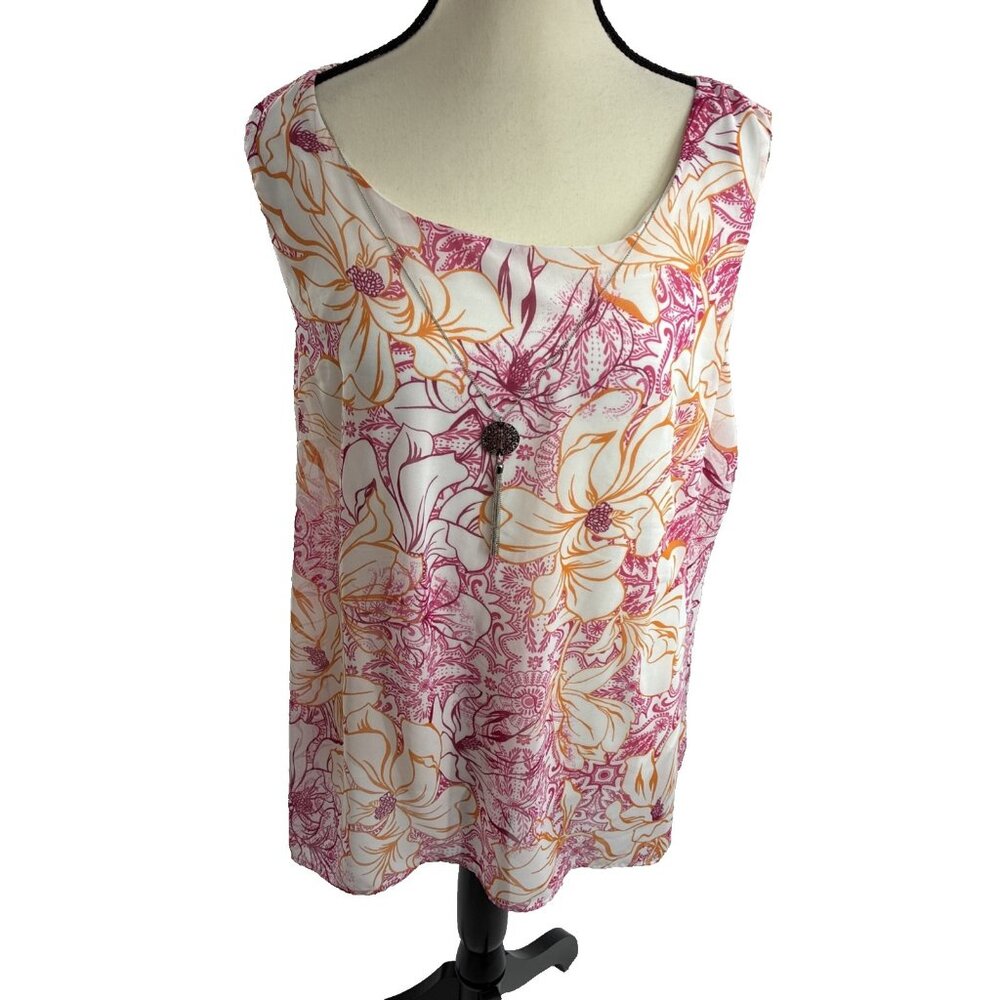 JM Collection Womens Top Floral Sleeveless Built In Necklace Blouse Size L